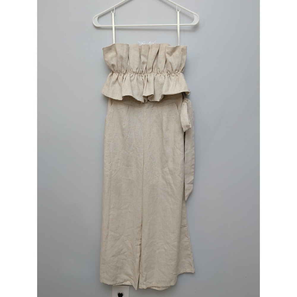 DR2 Aura Women's‎ Sz S 100% Linen Ruffled Tube Top Tie Back Wide Leg Jumpsuit
